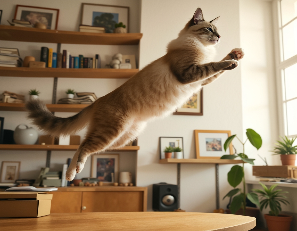 Cat leaps toward a tall shelf filled with books, plants, and framed photos. The room is well-lit with natural light, highlighting the cat’s graceful movement.